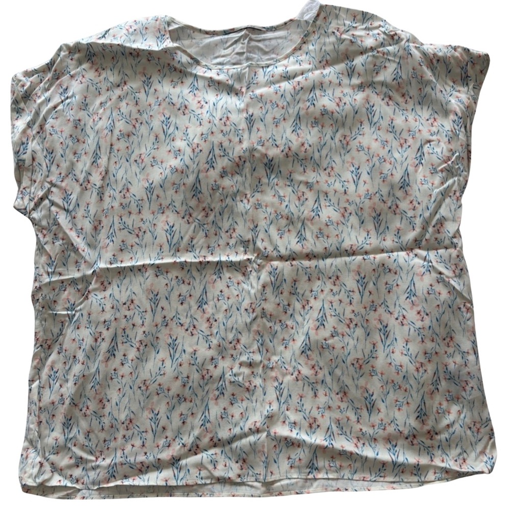 Floral Lightweight Blouse Cream Blue Pink Short Sleeve Flowy Top Plus
